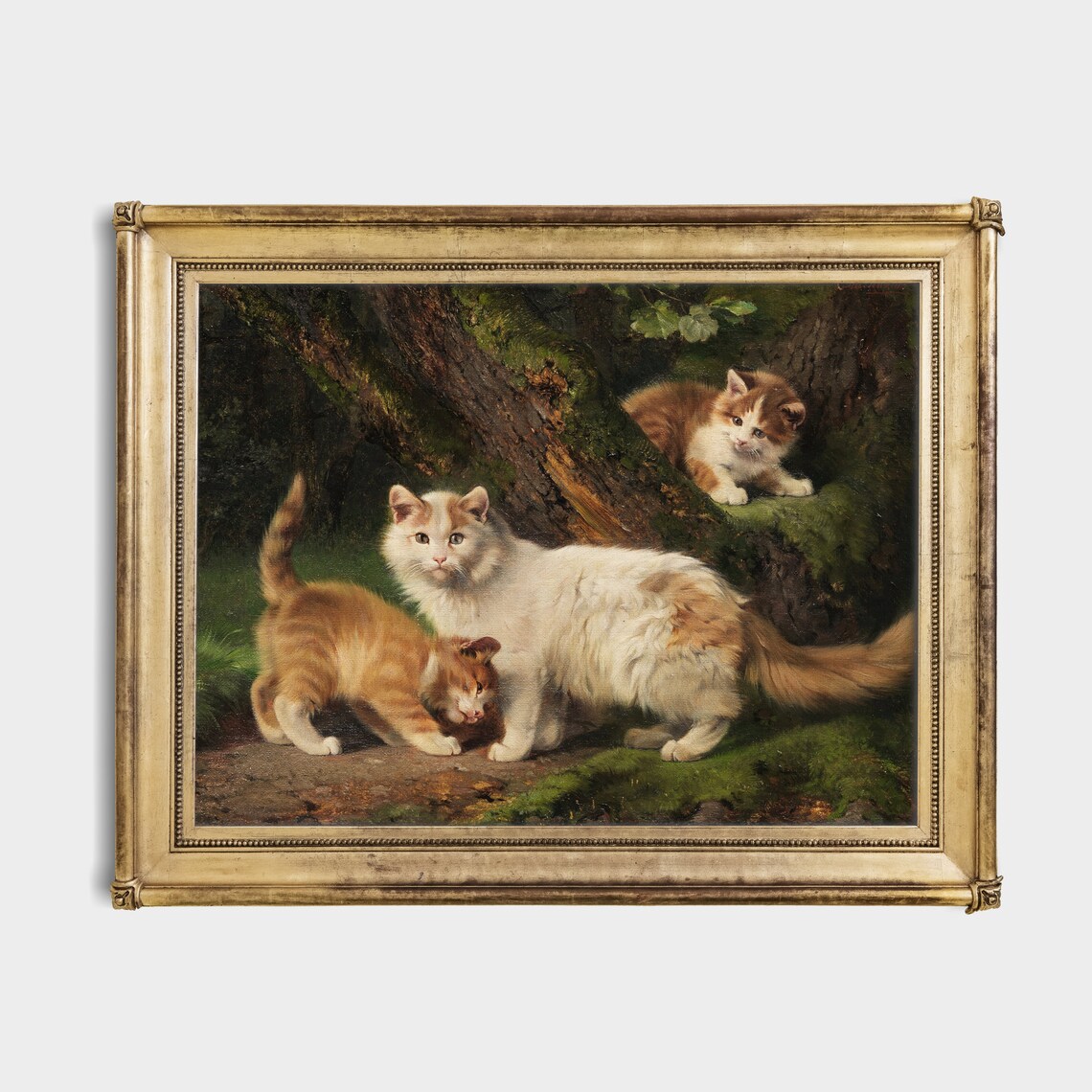 White Cat With Orange Kittens By Old Tree Vintage Cat Painting Poster - Image 2