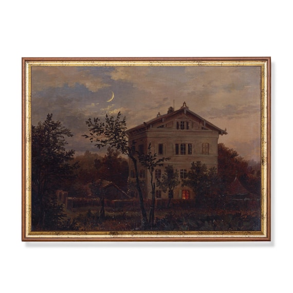 Moonlit Villa with Crescent Moon and a Single Lit Window Night Poster