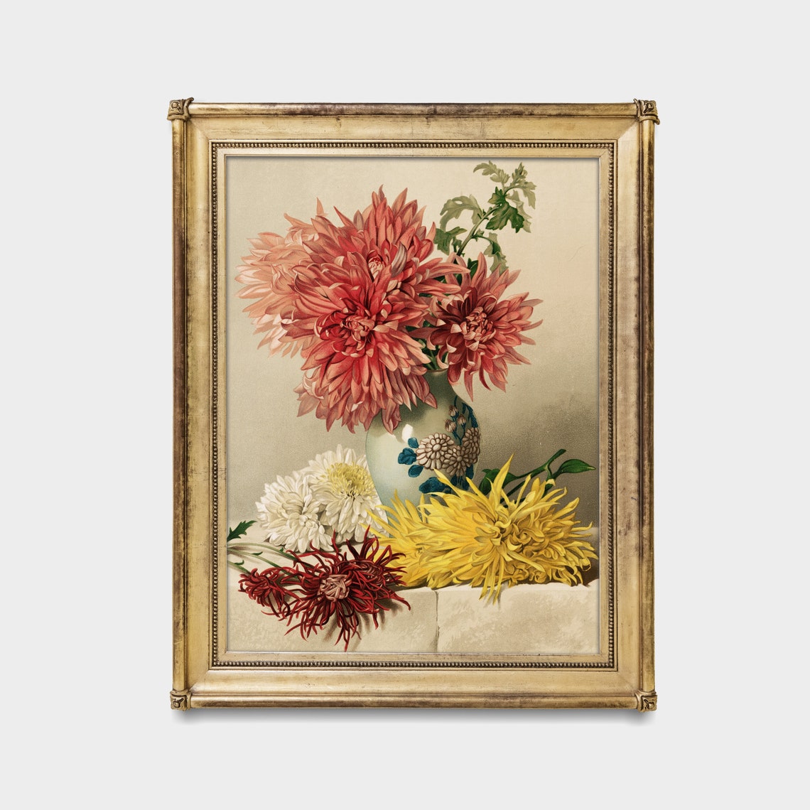 Chrysanthemums in a Decorated Vase Botanical Chromolithograph Poster - Image 2
