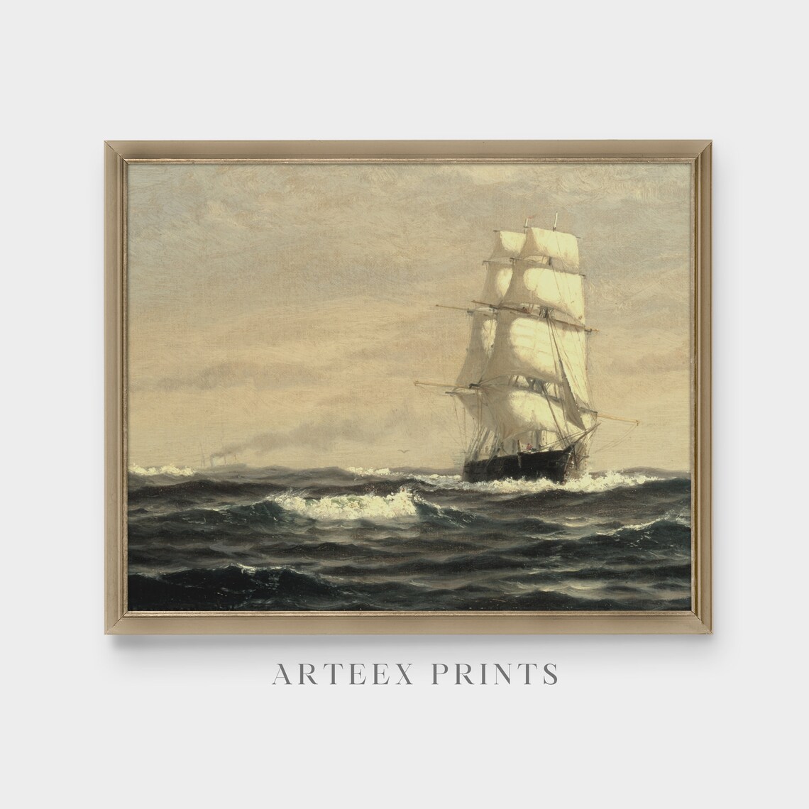 Tall Sailing Ship On Rough Seas Antique Marine Oil Painting Poster - Image 3