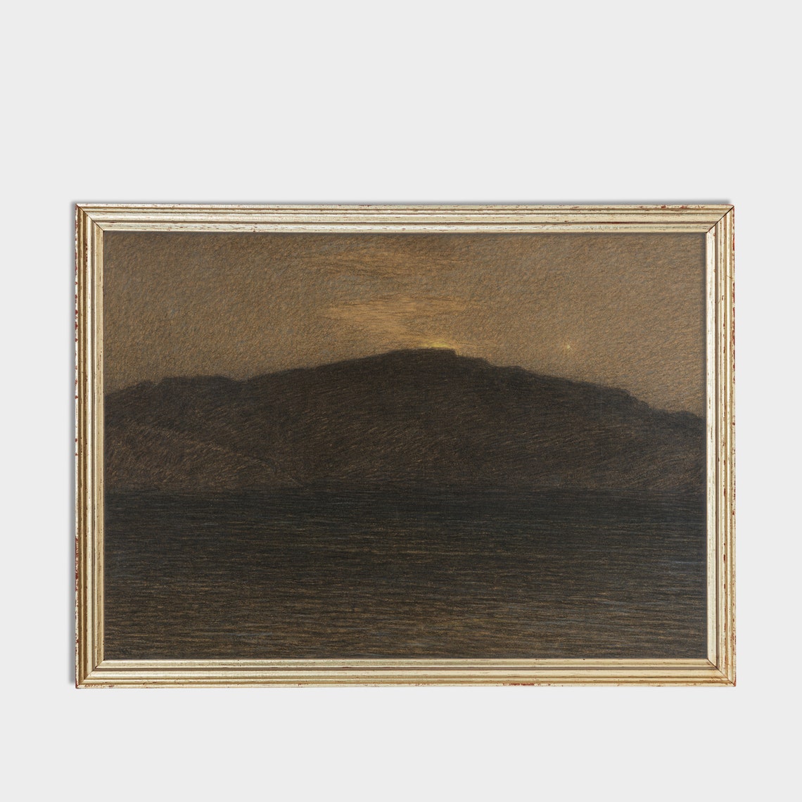 Dark Mountain Ridge Over Water at Night Antique Charcoal Study Poster - Image 3