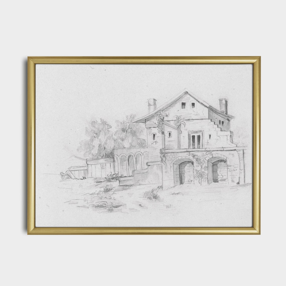 Old Stone Villa Pencil Sketch Vintage Architectural Drawing Poster - Image 4