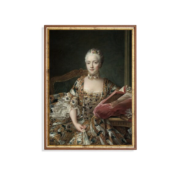 Rococo Lady in Floral Silk Gown Reading a Book Vintage Poster