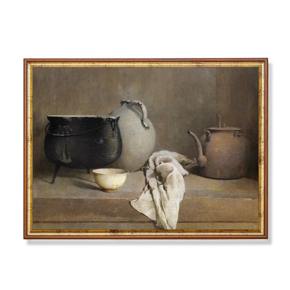 Rustic Kitchen Still Life with Cauldron and Kettle Vintage Poster