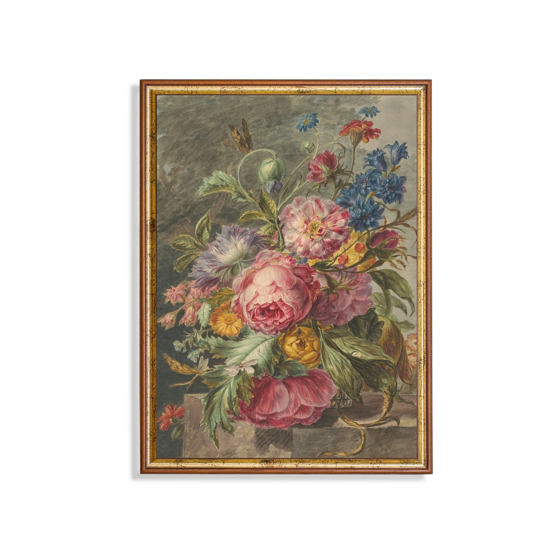 Pink Peonies and Blue Cornflowers Antique Floral Bouquet Poster