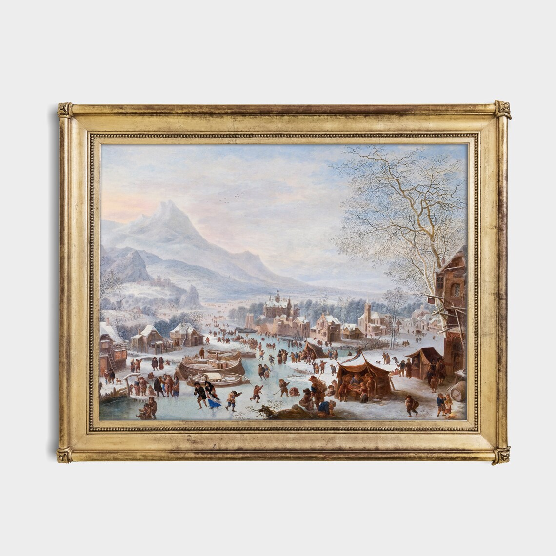 Crowded Winter Canal Skating Scene With Village Vintage Winter Poster - Image 2