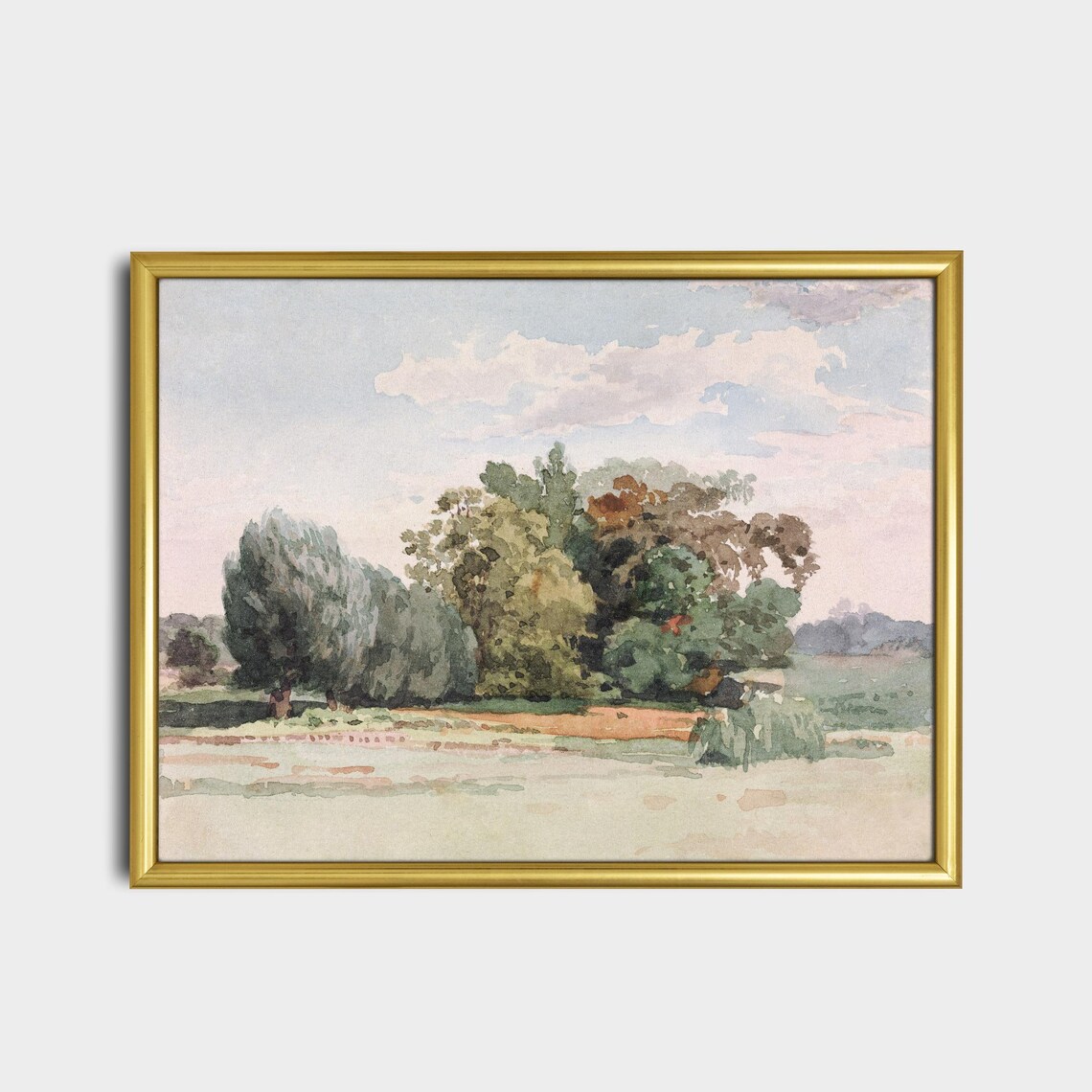Watercolor Tree Cluster in Meadow Soft Pastel Landscape Poster - Image 2