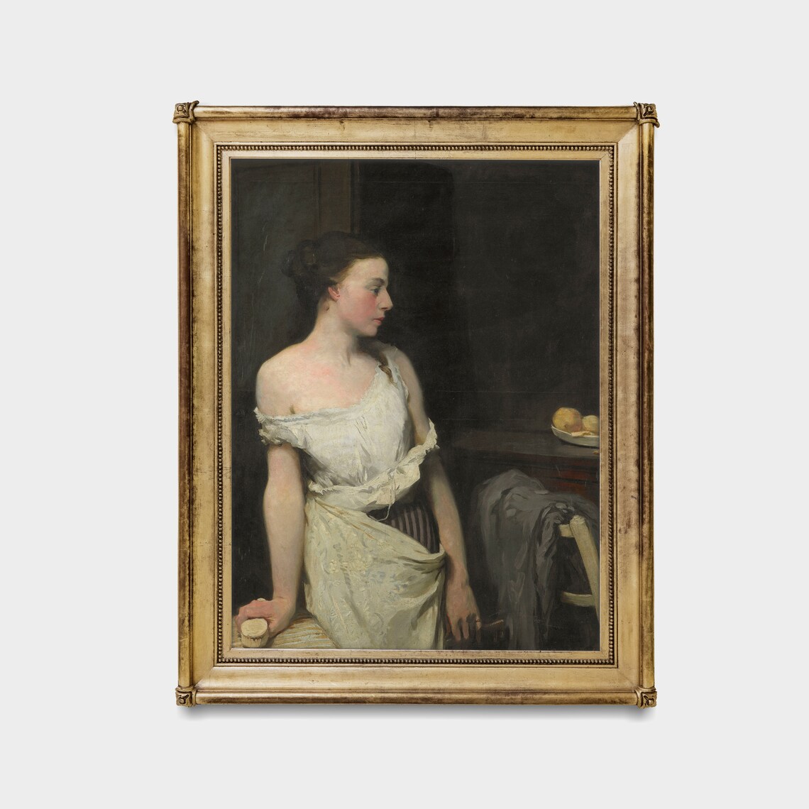 Young Woman in White Chemise Moody Antique Portrait Painting Poster - Image 4