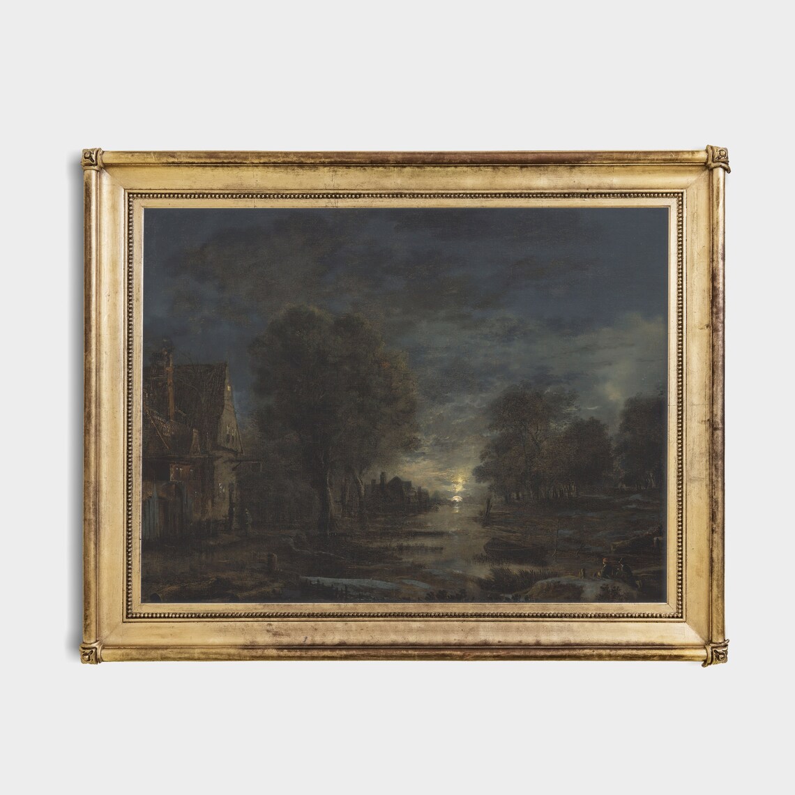 Moonlit Village by a Still River at Night Dark Romantic Painting Poster - Image 4