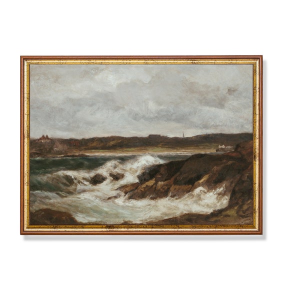 Vintage Seascape Painting Antique Ocean Beach Print Coastal Decor Moody Oil Painting Print Wall Art