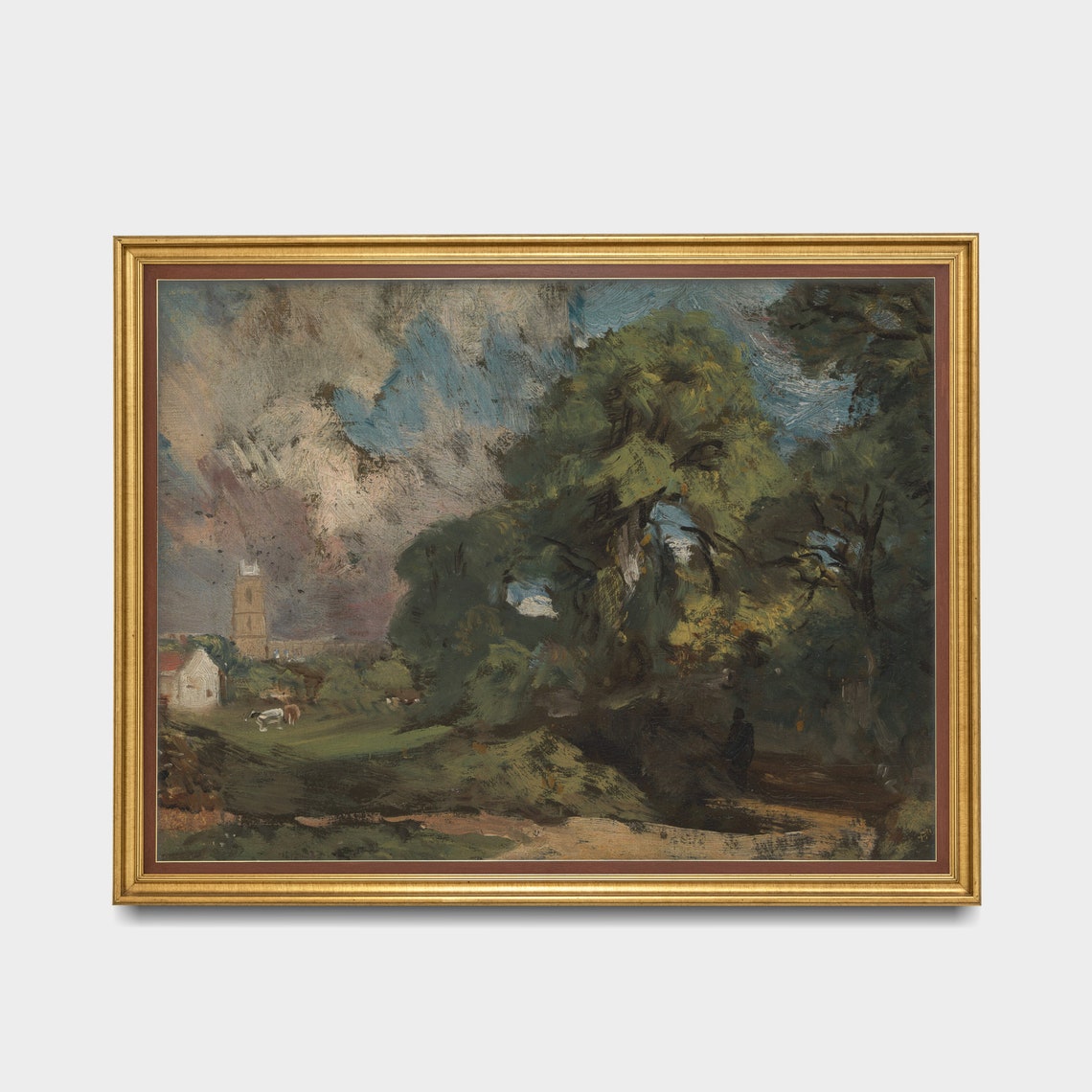 Lush English Countryside with a Distant Church Tower and Cow Poster - Image 2