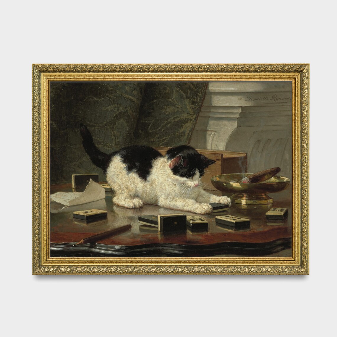 Kitten Playing with Dominoes by Henriette Ronner Vintage Poster - Image 3