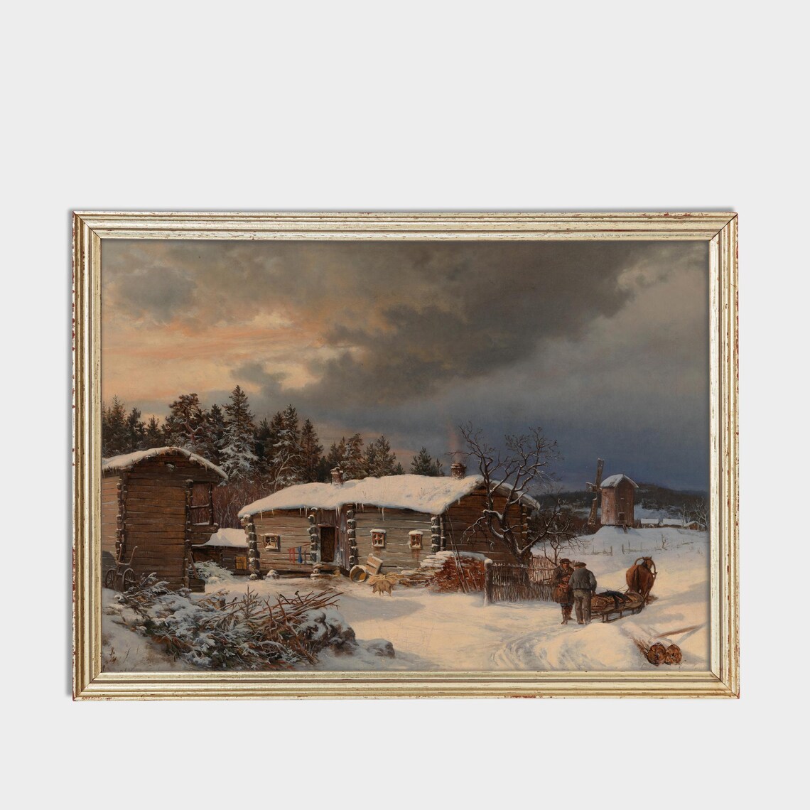 Snowy Log Cabin Farmstead at Dusk Winter Homestead Art Poster - Image 3