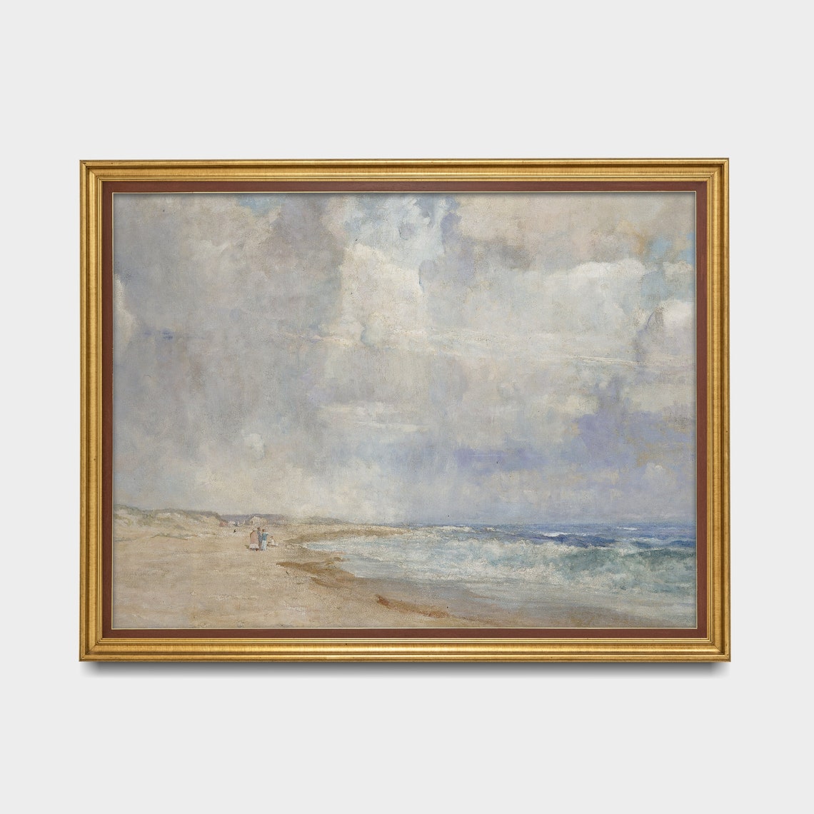 Wide Sandy Beach Under Towering Clouds Vintage Coastal Painting Poster - Image 5