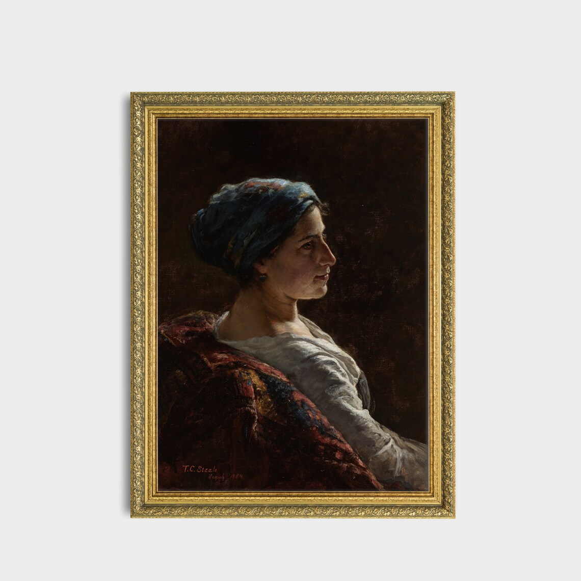 Woman In Blue Headscarf In Profile Signed T C Steele Dark Portrait Poster - Image 3