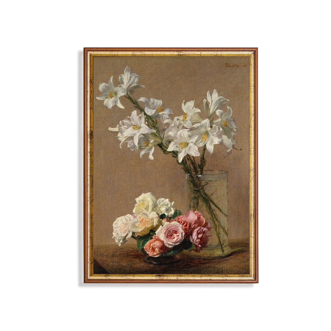 White Lilies and Roses in a Glass Vase Still Life Art Poster