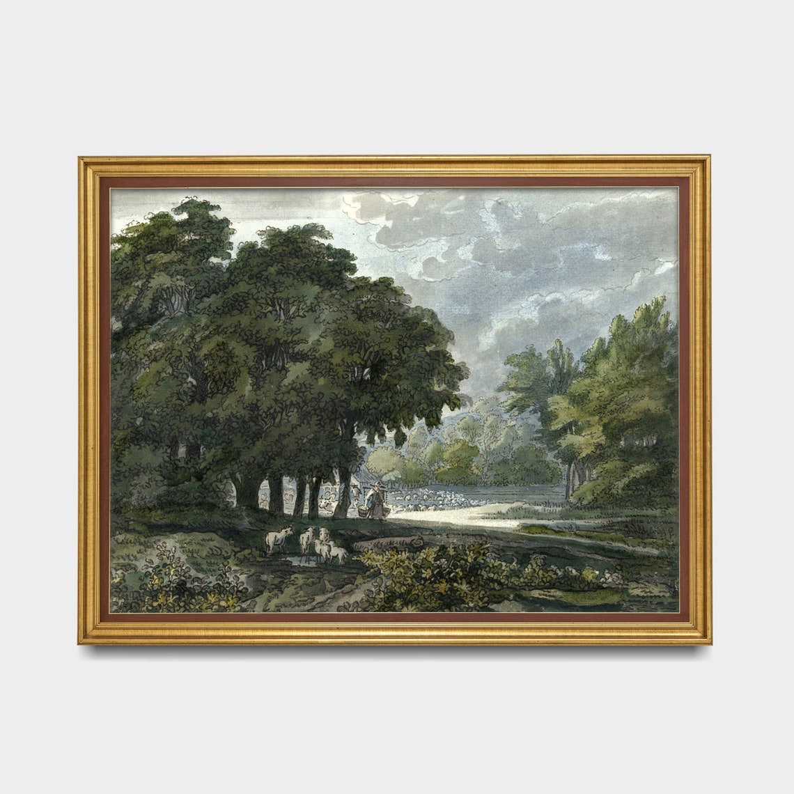 Sheep Drinking at a Woodland Pond with a Shepherd Pastoral Poster - Image 3
