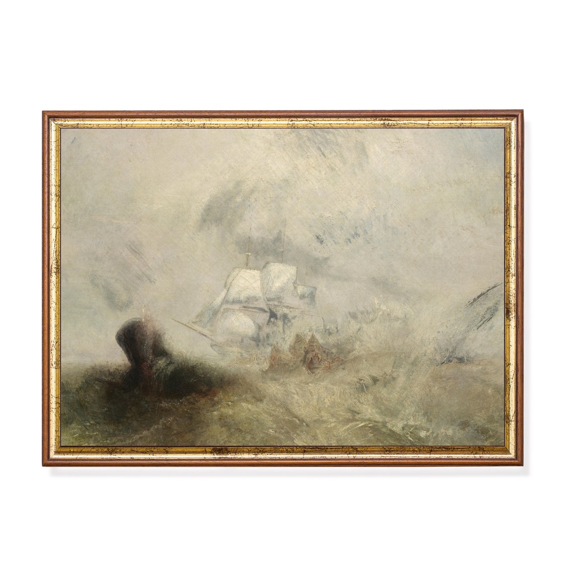 Vintage Sailing Boat Painting Antique Seascape Print Moody Rustic Coastal Decor Ocean Beach Wall Art