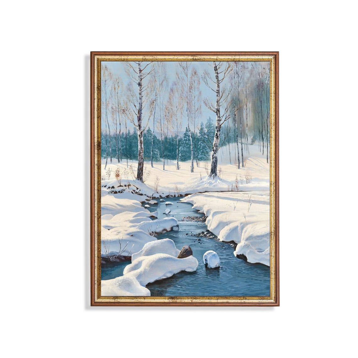 Winter Stream Through A Snowy Birch Forest Vintage Art Poster