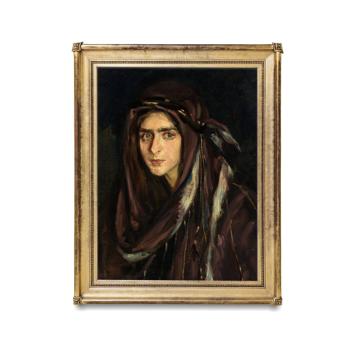 Young Woman in Burgundy Headscarf Dark Romantic Portrait Oil Poster - Image 3