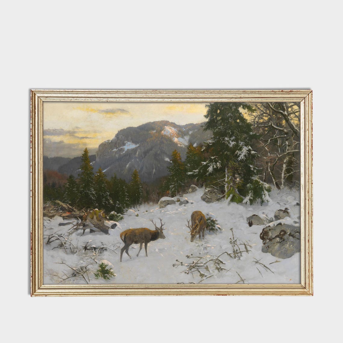 Two Stags in a Snowy Mountain Forest Vintage Winter Wildlife Poster - Image 3