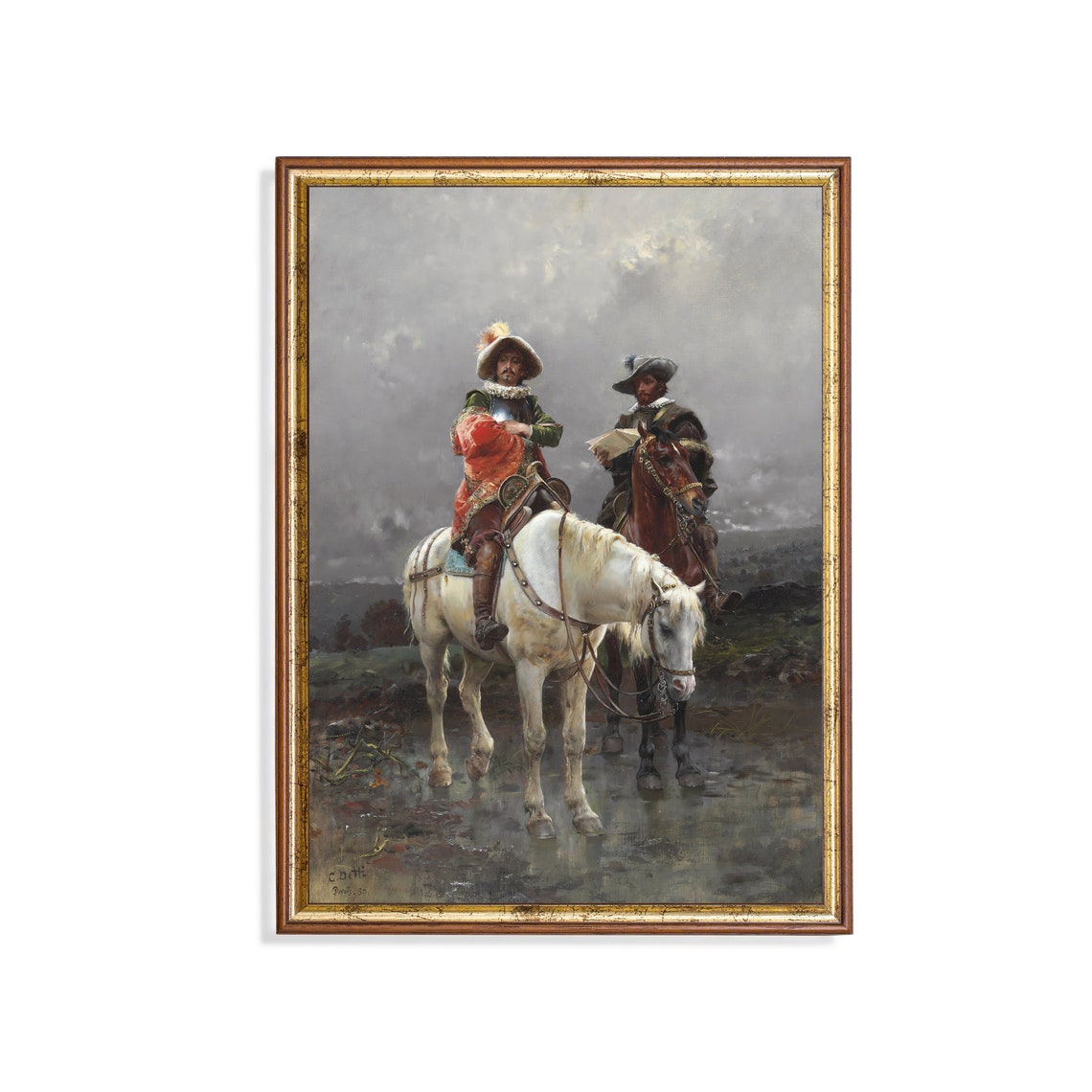 Cavalier on a White Horse Consulting a Map in Stormy Vintage Poster