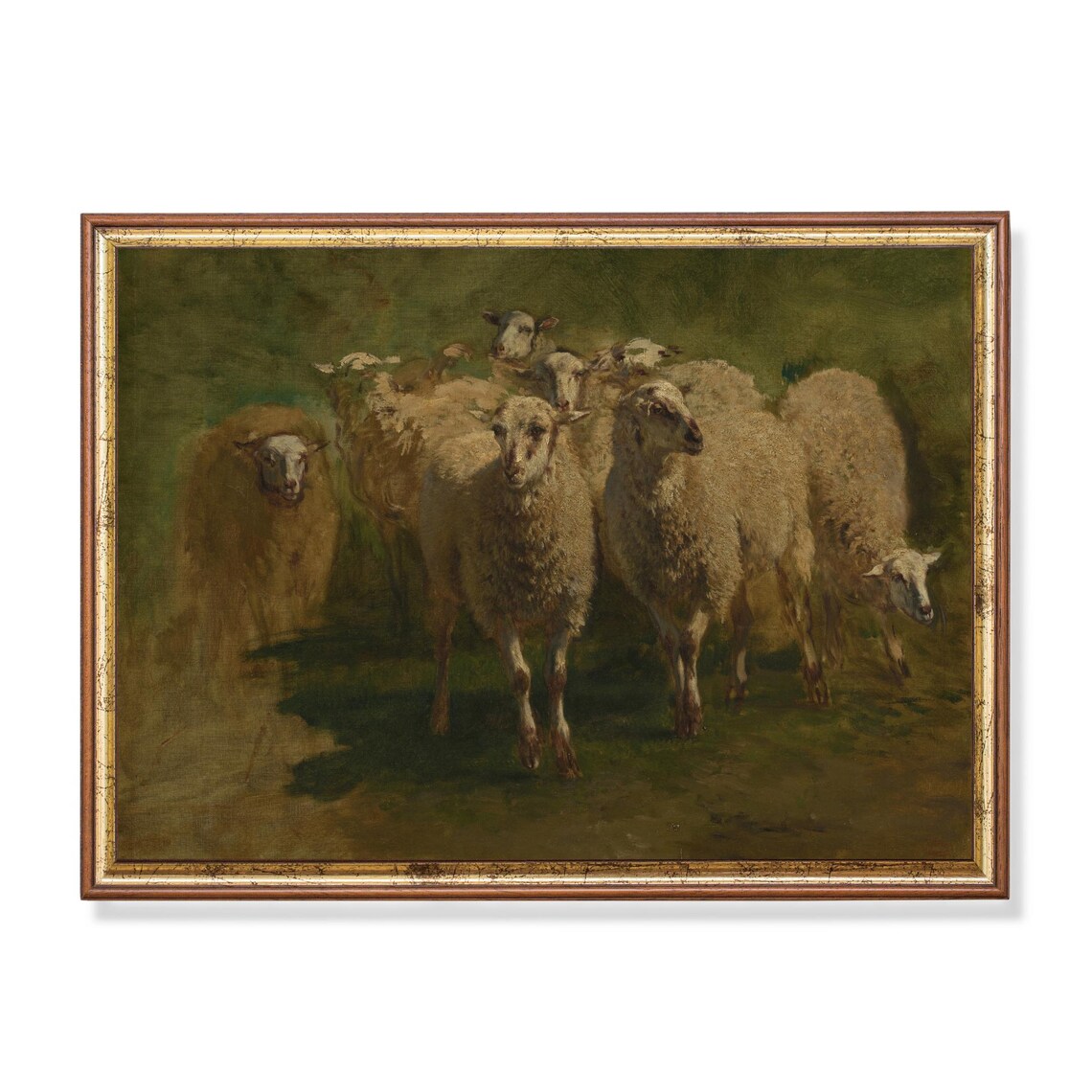 Flock of Sheep Moody Green Vintage Pastoral Oil Painting Poster