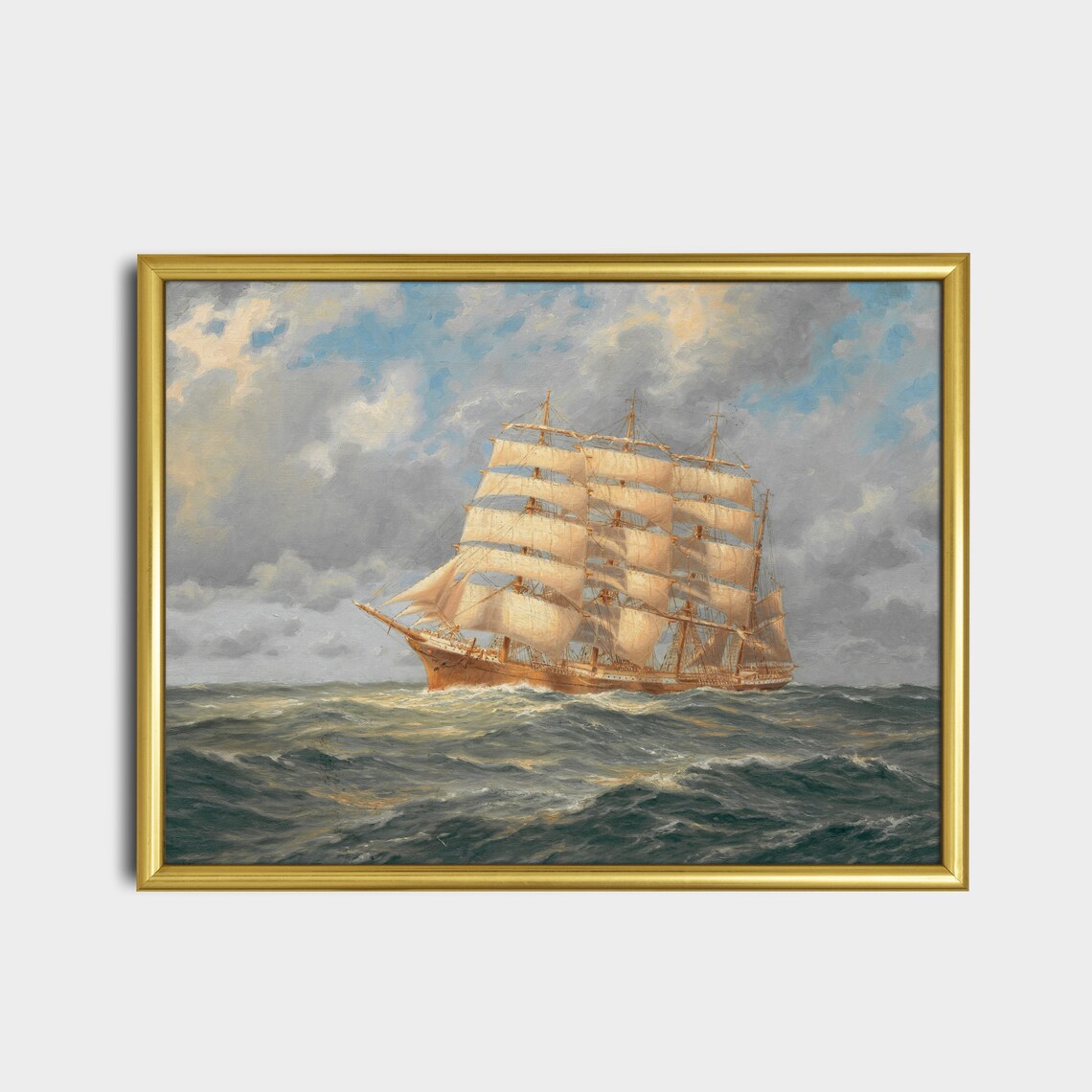 Full Rigged Tall Ship Sailing Stormy Seas Marine Oil Painting Poster - Image 5