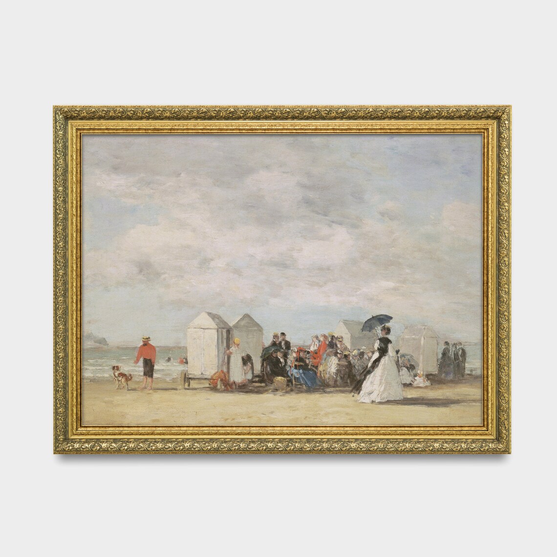 Victorian Bathers on the Beach with White Bathing Huts Poster - Image 2