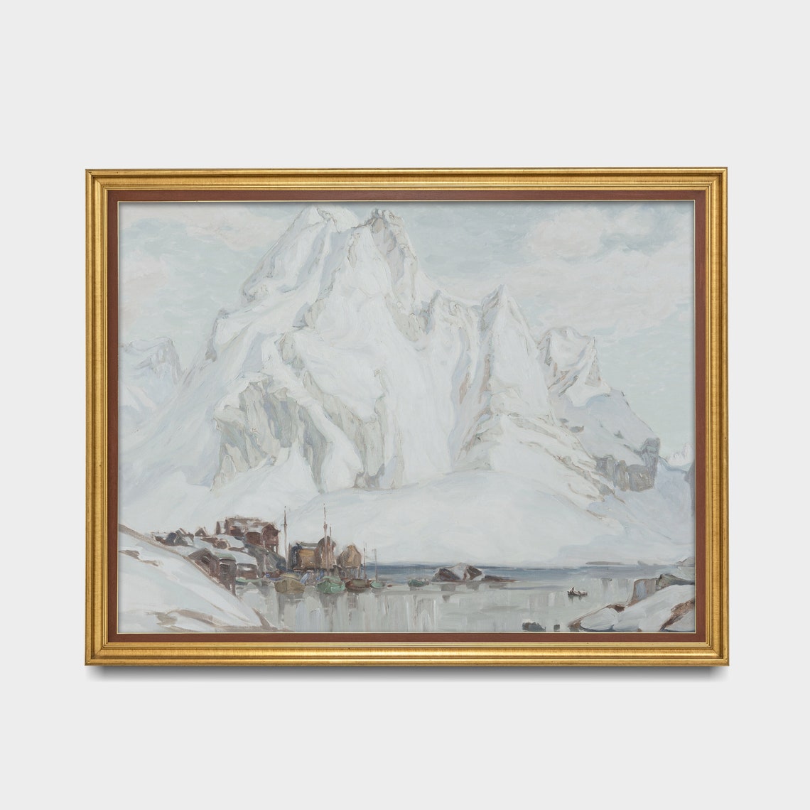 Snowy Mountain Above Village Harbor Winter Landscape Scene Poster - Image 3