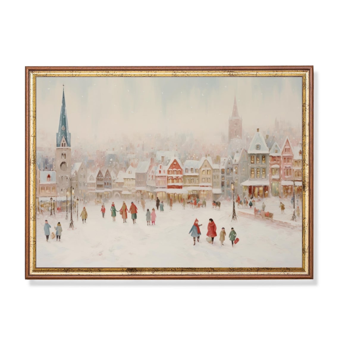 Snowy Old European Town Square with Church Winter Holiday Poster