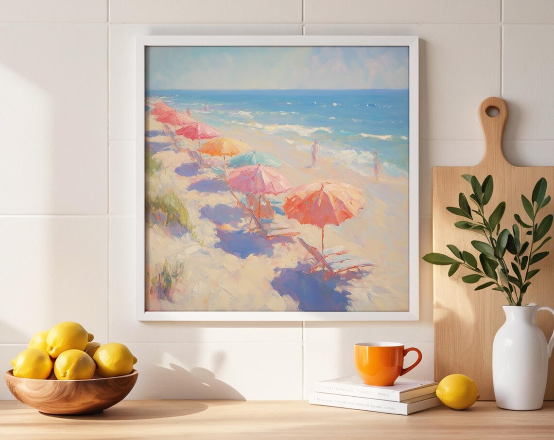 Pastel Beach Umbrellas Dotting Sunny Seaside Shoreline Poster