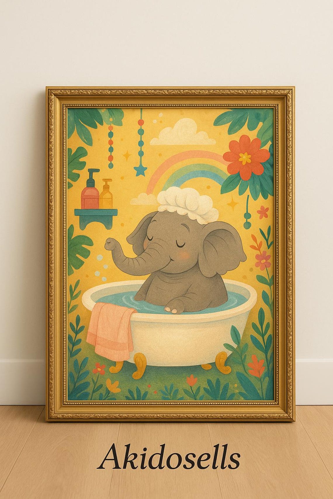 Baby Elephant Bubble Bath Rainbow Cute Kids Nursery Wall Art