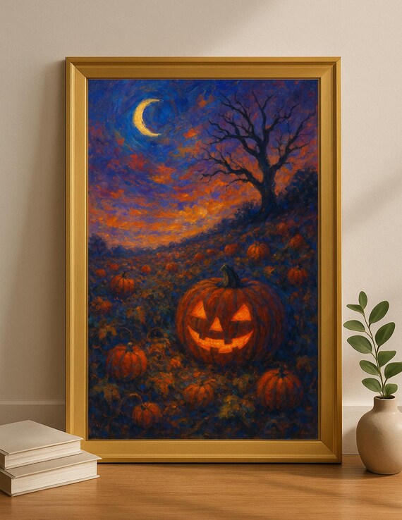 Halloween Pumpkin Field Wall Art Autumn Night Print Cozy Fall Decor Spooky Harvest Landscape