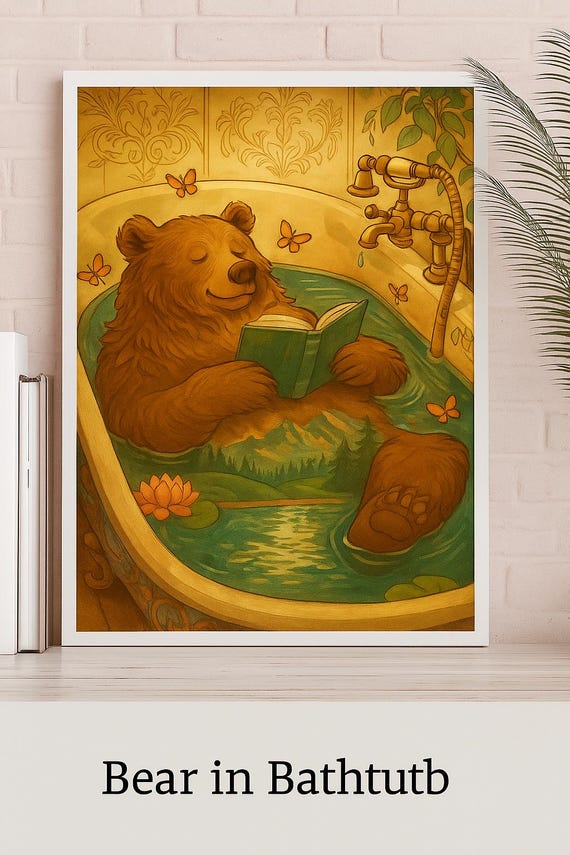 Bear In Bathtub Print Cozy Bathroom Or Nursery Decor Pdf