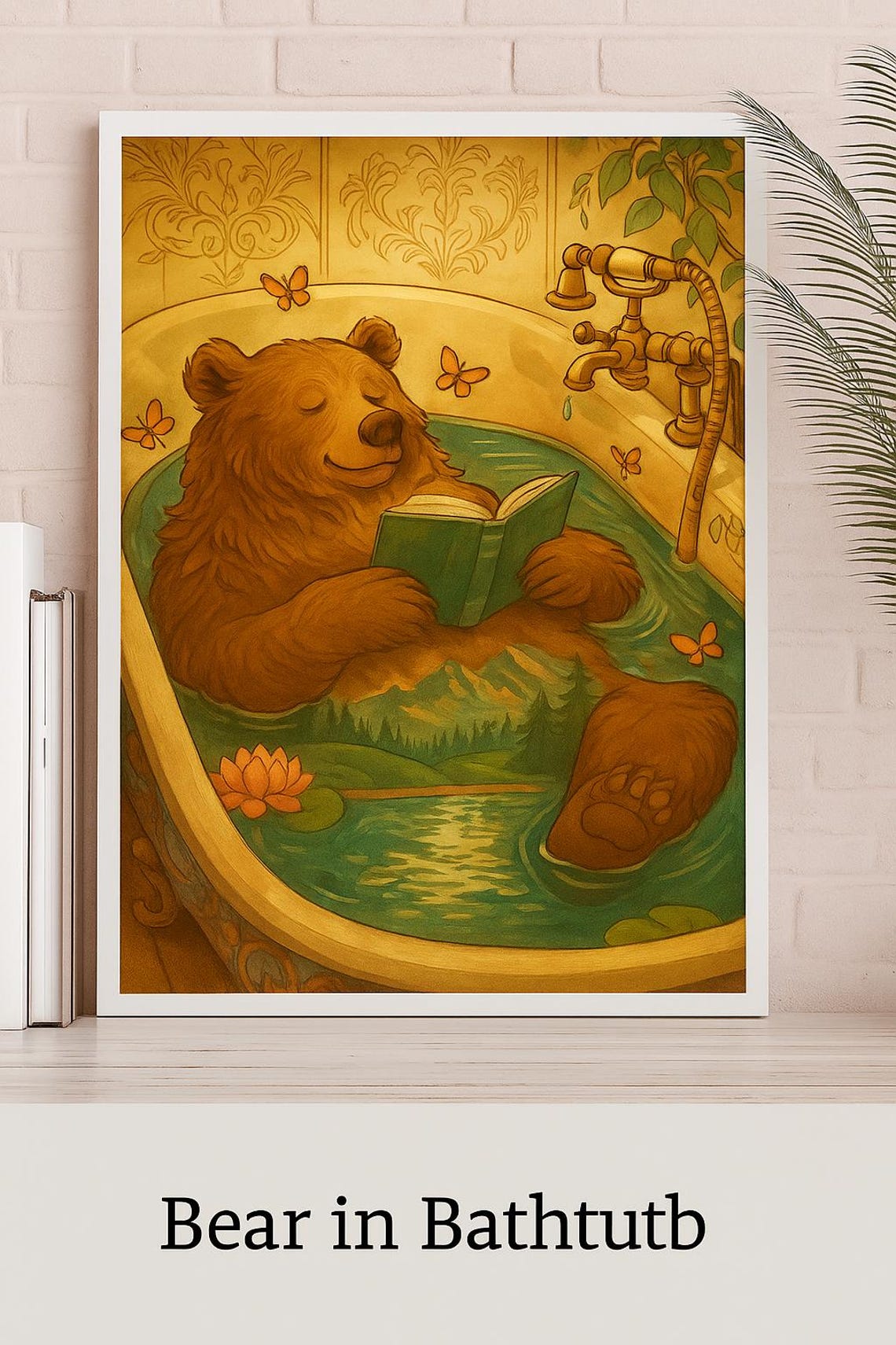 Cozy Bear Bathtub Reading Book Whimsical Nursery Animal Wall Art