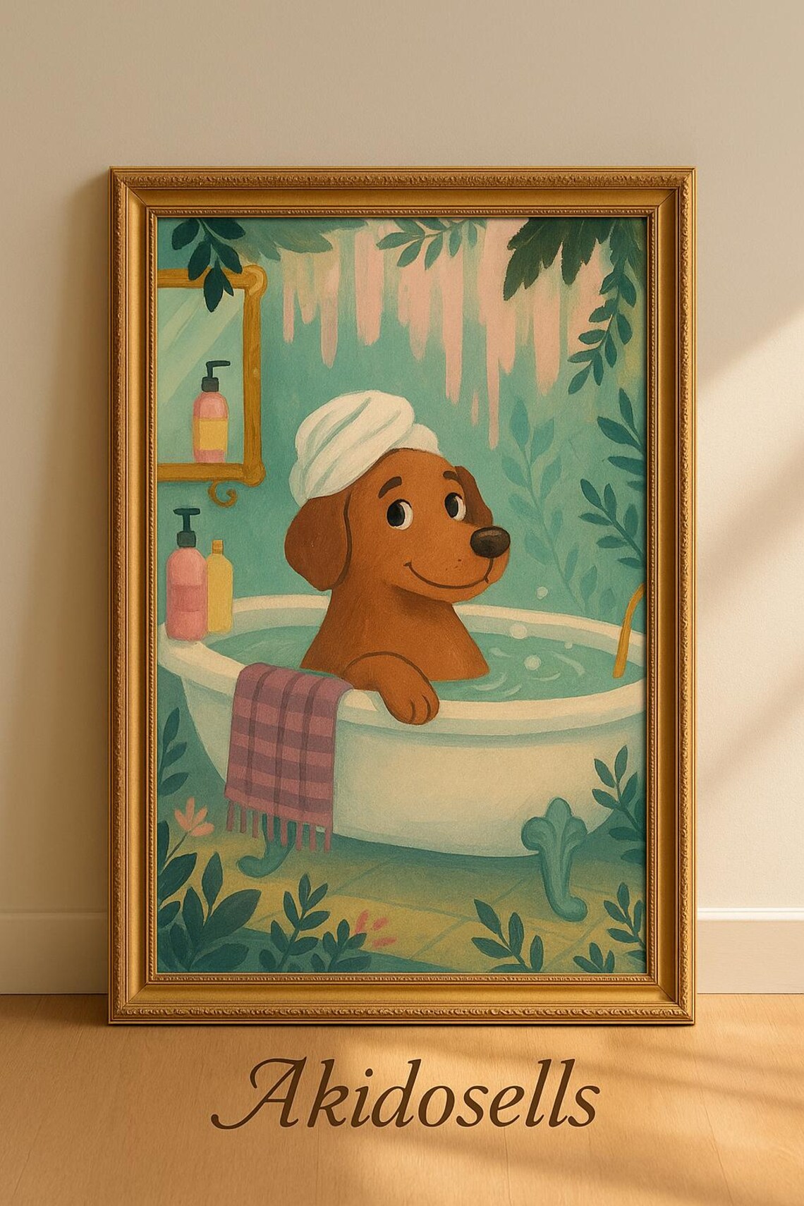 Cute Dog in Bathtub Spa Day Funny Whimsical Bathroom Decor Poster
