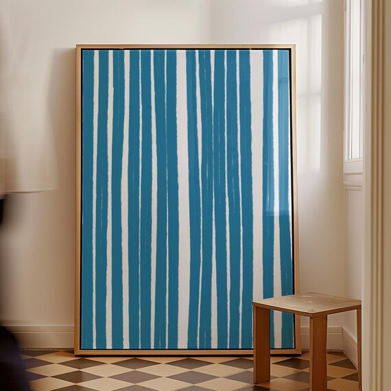 Blue Stripes Print Abstract Wall Art Organic Line Drawing Vintage Striped Minimalist Home Decor