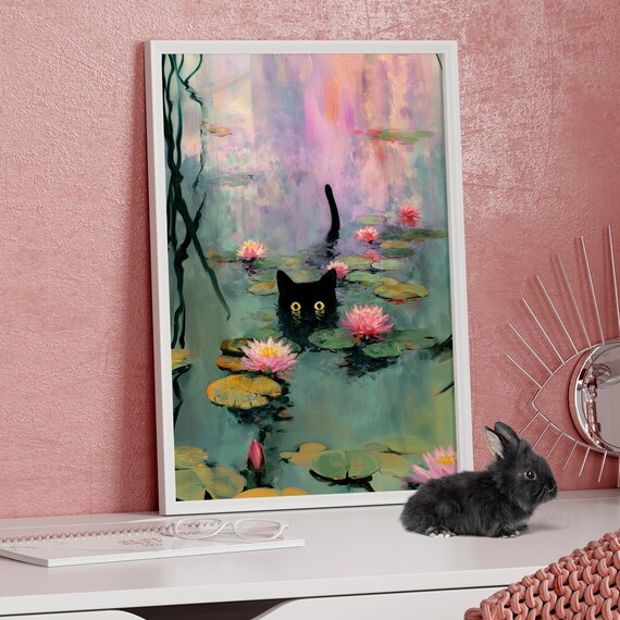 Monet Style Black Cat Swimming Water Lilies Funny Animal Poster