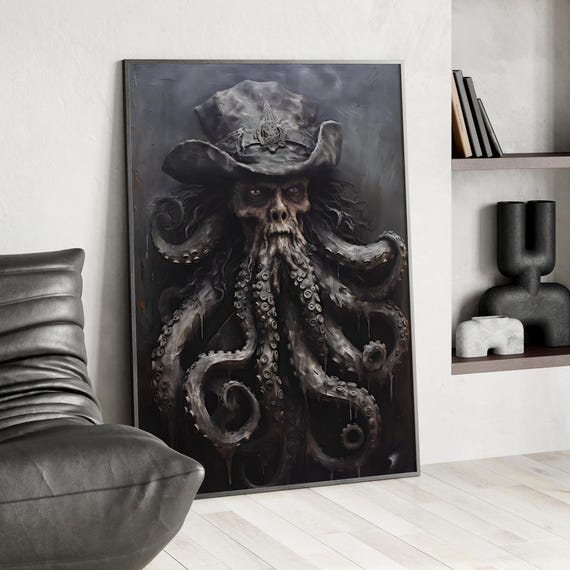 Rustic Photo Illustration Of A Kraken Faced Pirate Captain Wall Art Print Or Canvas Black Beard Inspired Poster Boys Room Decor