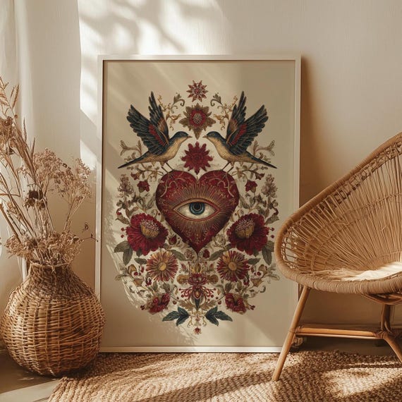 Heart Eye Swallow Art Print Poster Or Canvas Medieval Botanical Floral Birds Romantic Surreal Valentine Wall Psychedelic