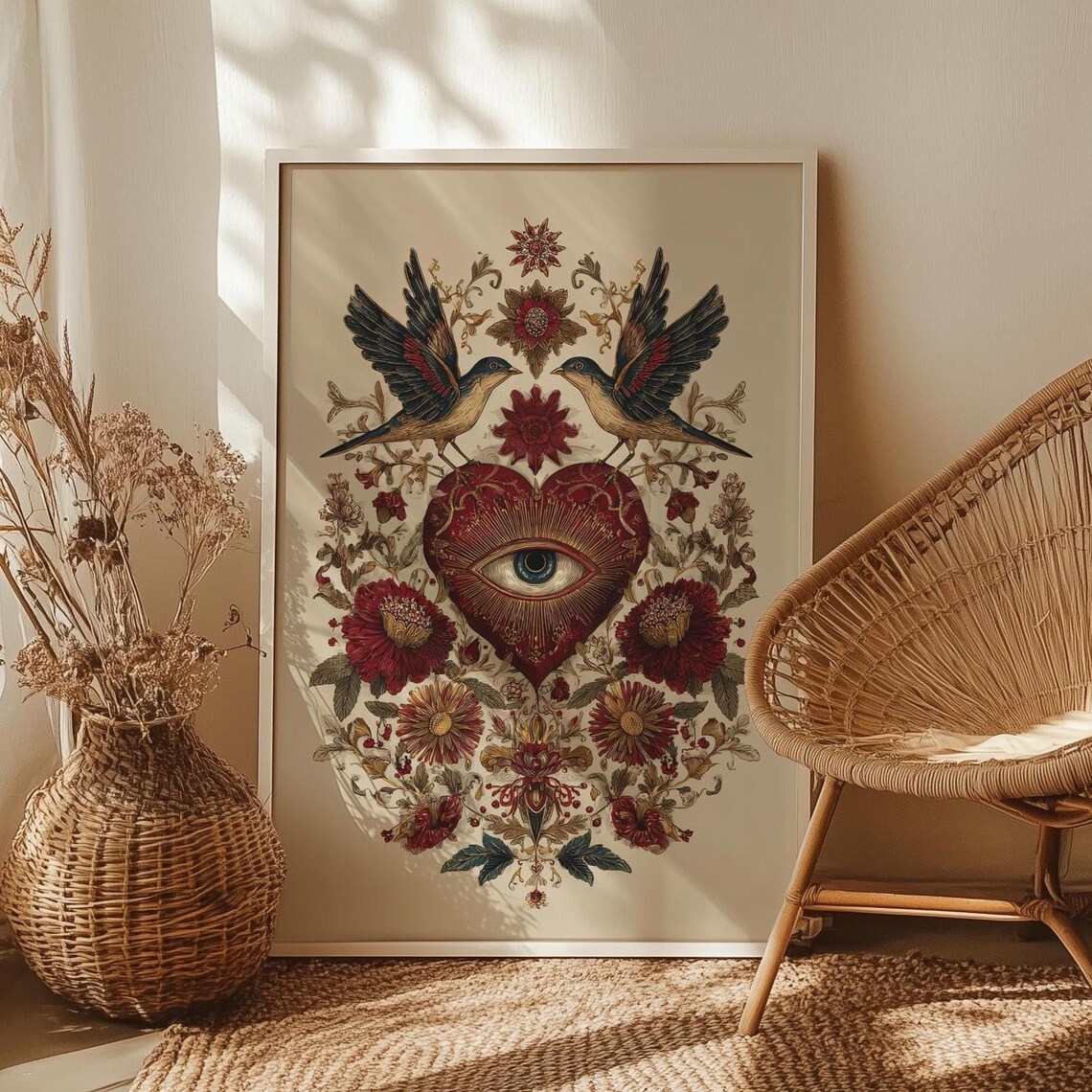 Surreal Heart Eye Botanical Floral Swallow Bird Valentine Wall Art