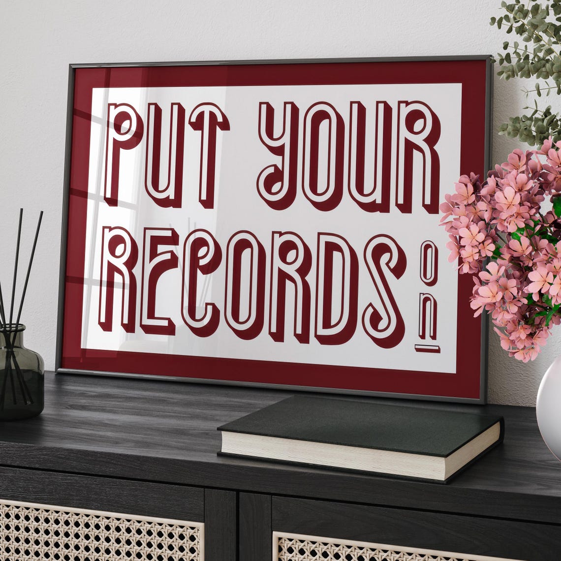 Put Your Records On Retro Typography Music Poster In Maroon Red