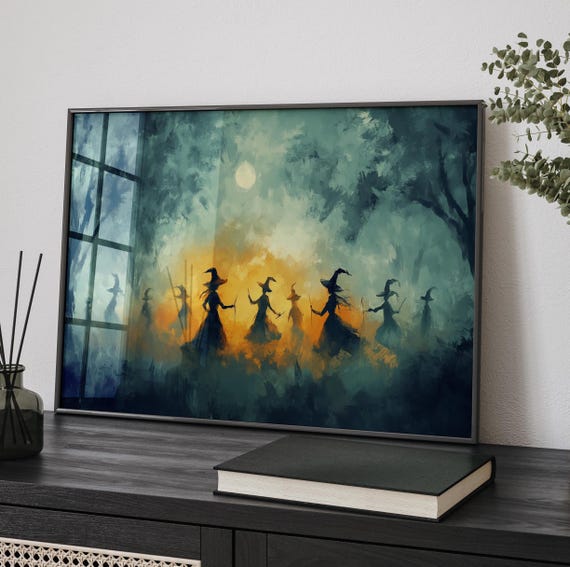Moonlit Dancing Witches In A Misty Field Impressionism Painting Poster Or Canvas Print Witchy Halloween Art Mystical Goblincore Decor