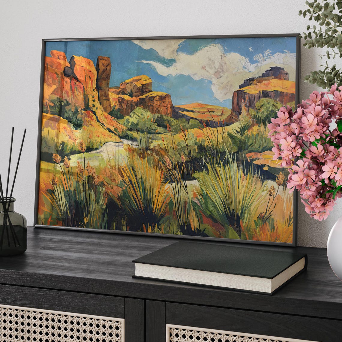 Bold Orange Desert Canyon Rocky Cliffs Retro Western Landscape Poster