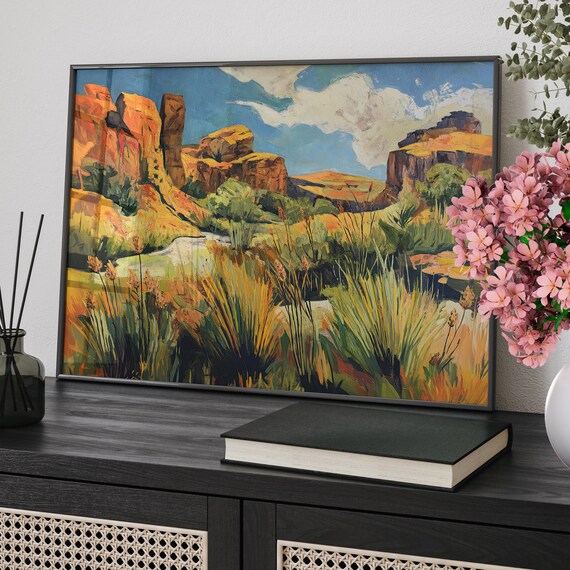 Bold Orange Desert Canyon Rocky Cliffs Retro Western Landscape Poster