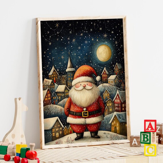 Whimsical Santa Claus Over Moonlit Snowy Village Night Art Print