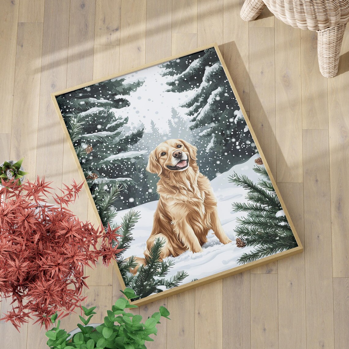 Golden Retriever in Snowy Winter Forest Cute Dog Holiday Wall Art