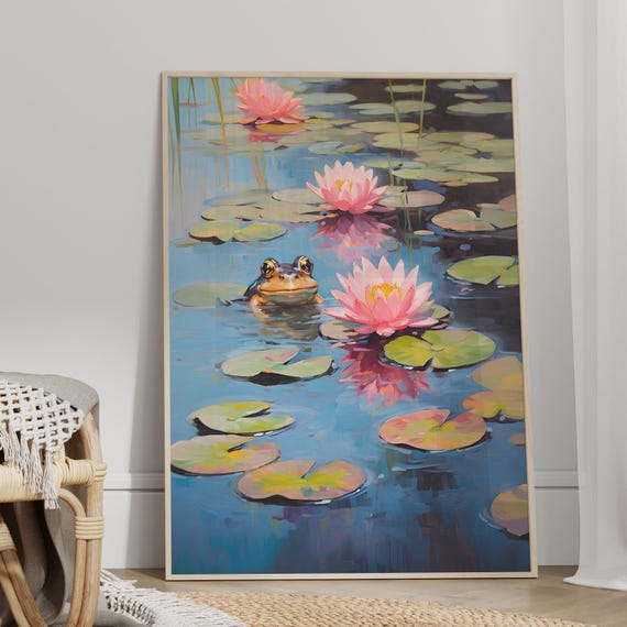 Monet Blooming Waterlily Frog Art Print Or Canvas Claude Happy Poster Floral Painting Funny Famous Lovers Gift Amphibian Decor