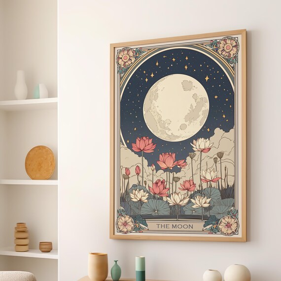 The Moon Tarot Card Full Moon Lotus Flowers Celestial Poster